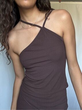 A Bronze Age Joni Top Brown Ribbed Asymmetric Strap